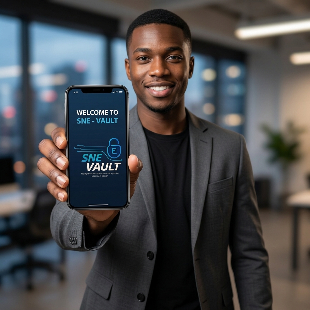 Professional holding a phone showing SNE VAULT brand